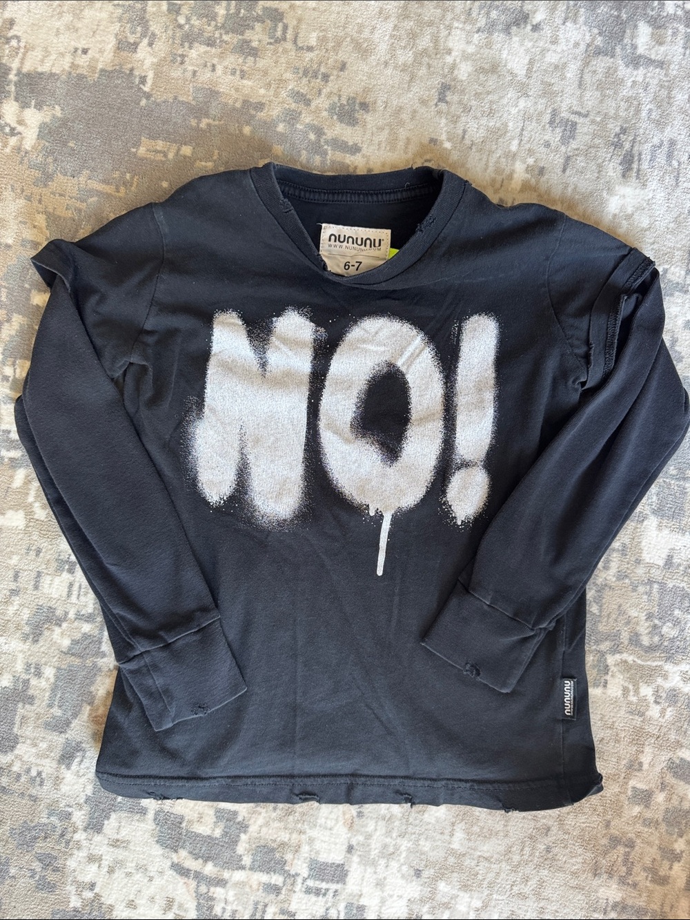 Nununu unisex Black Long Sleeve Tee with White "NO!" Graphic, size 6-7